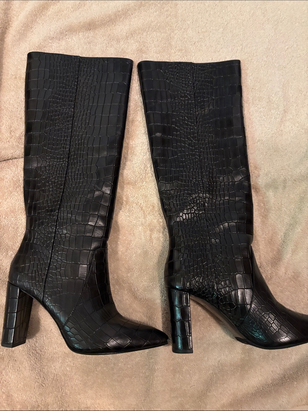 NWOT Black Croc-Embossed Leather Knee High Boots - Size 7.5 - Picture 2 of 16